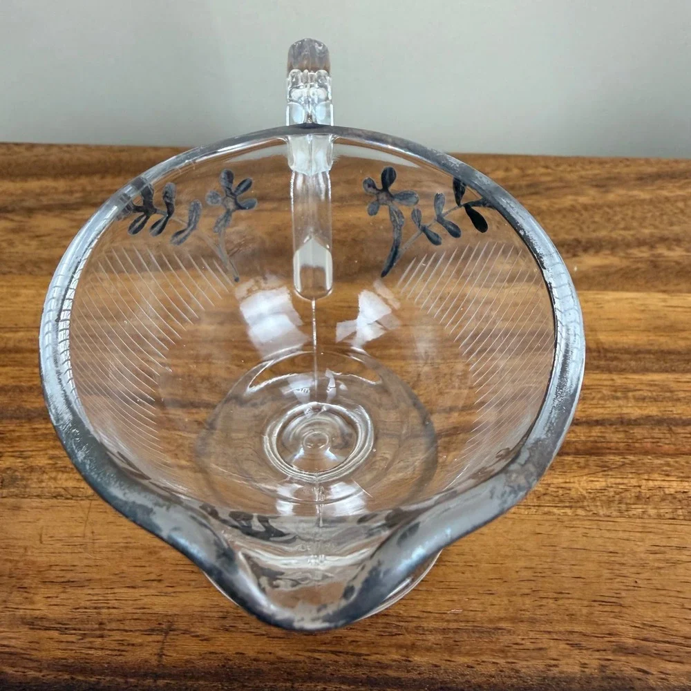 Vintage Art Deco Glass Creamer and Sugar Set  Floral Silver  Overlay Rim Ribbed